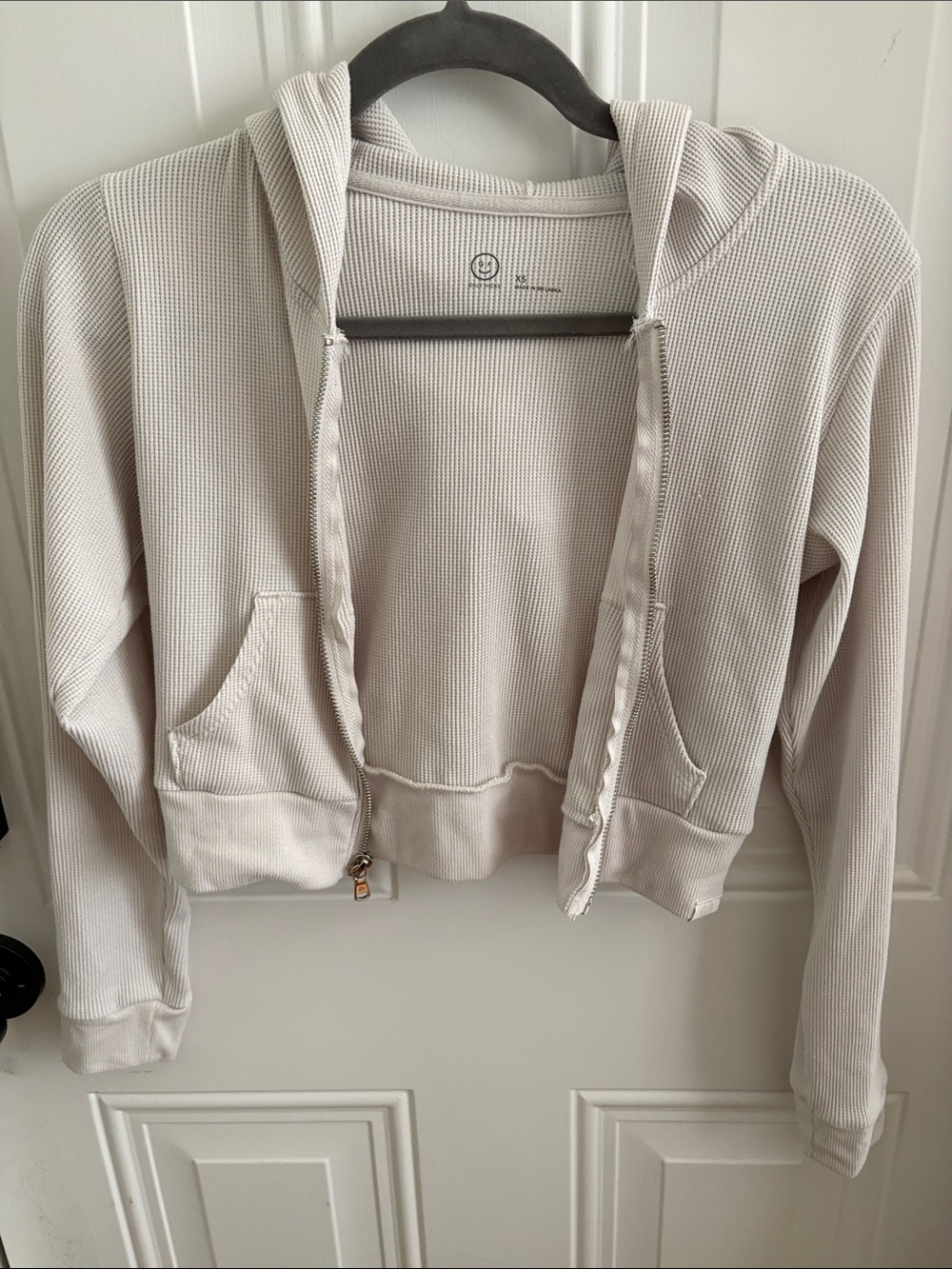 Gilly Hicks Cream Waffle-Knit Hooded Crop Zip-Up